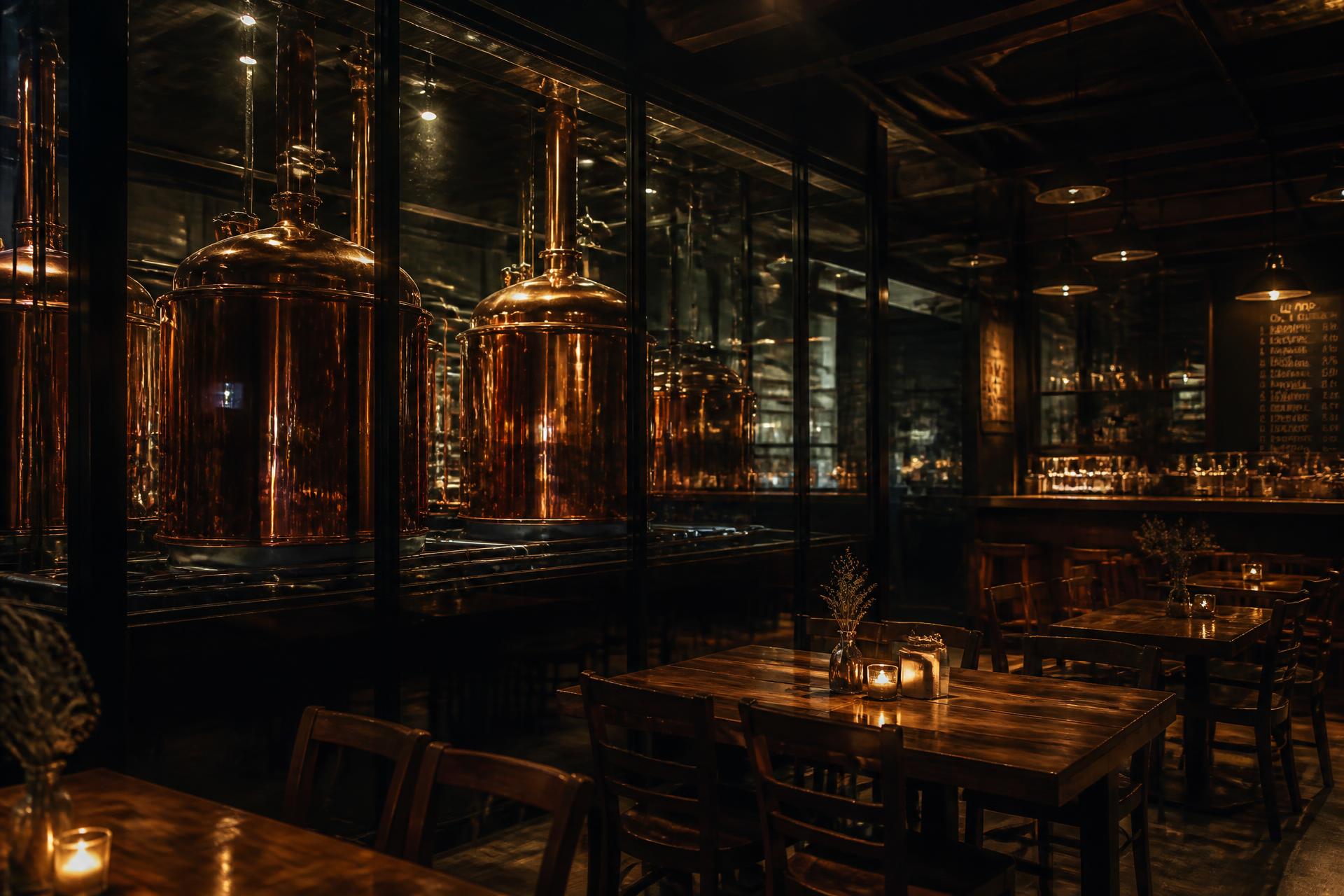 Interiér restaurace Nová sladovna s měděnými varnými tanky